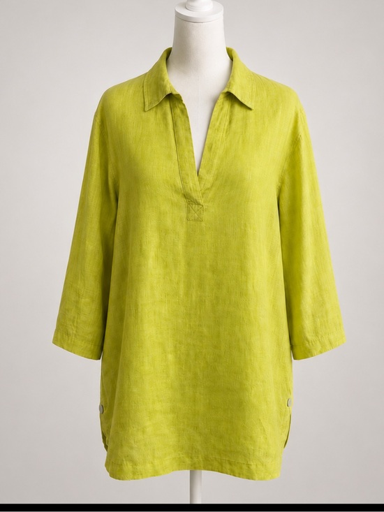 Tops - Tahari 100% Linen Lime Green Tunic Blouse 1X Mother-of-Pearl Side Slit Buttons